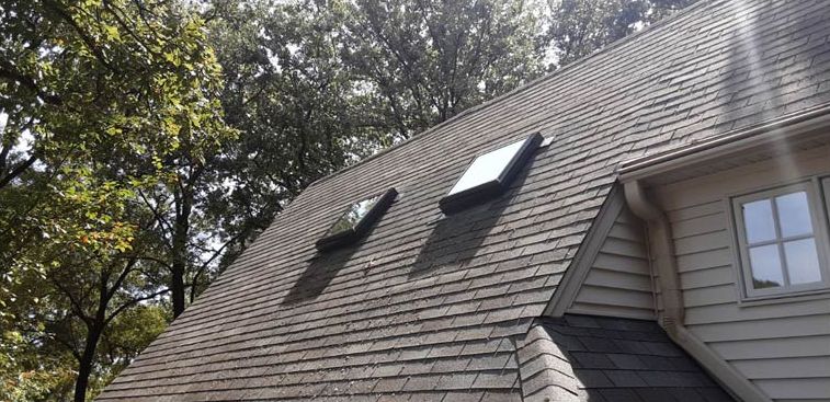 Before: Roof with skylights and heavy mildew after mildew removal in the Little Rock area