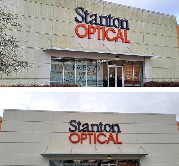 Stanton Optical storefront in Little Rock AR before and after green mildew was soft washed off